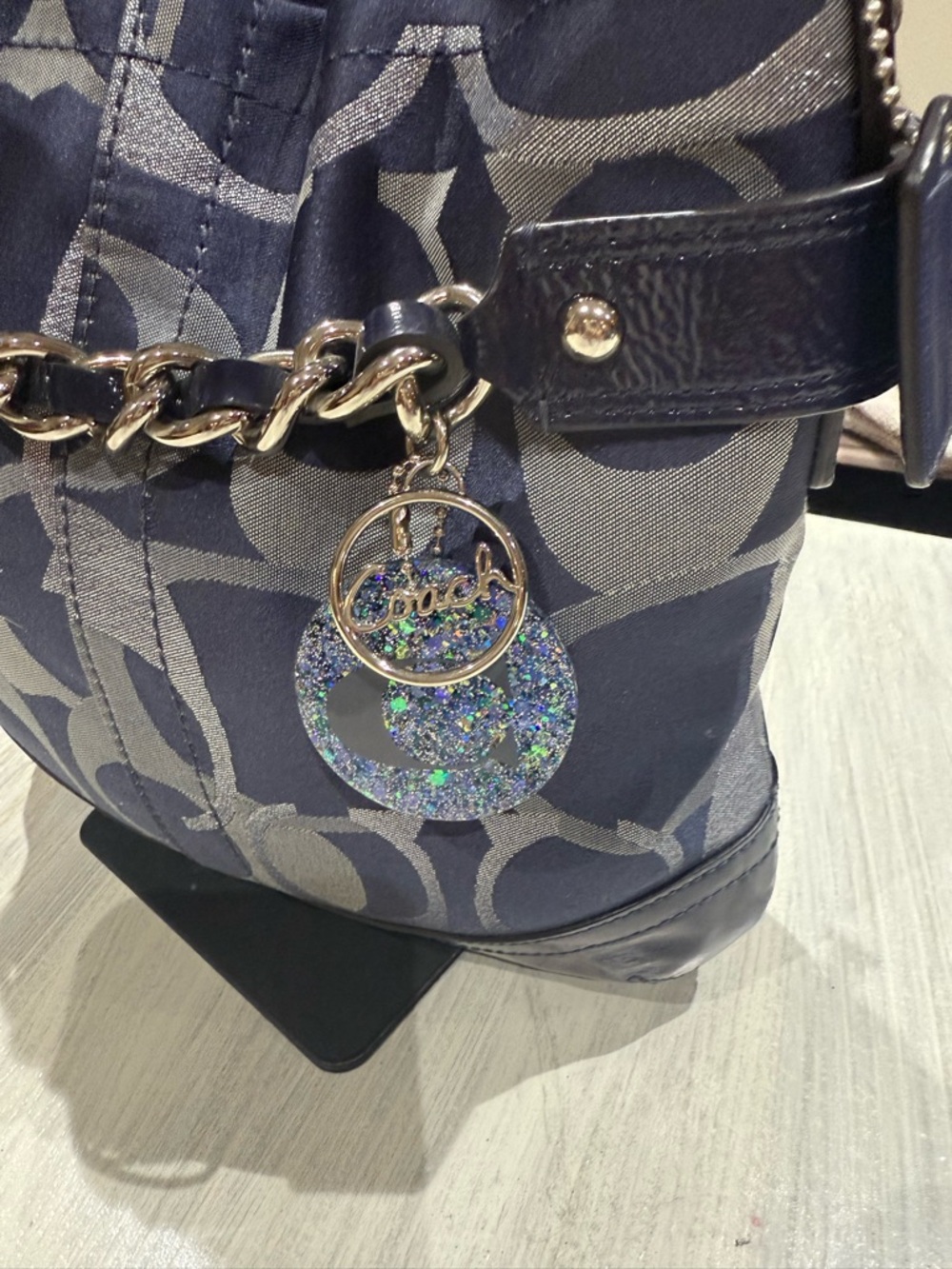 Coach Navy and Silver Signature Chain Shoulder Bag - Picture 5 of 12